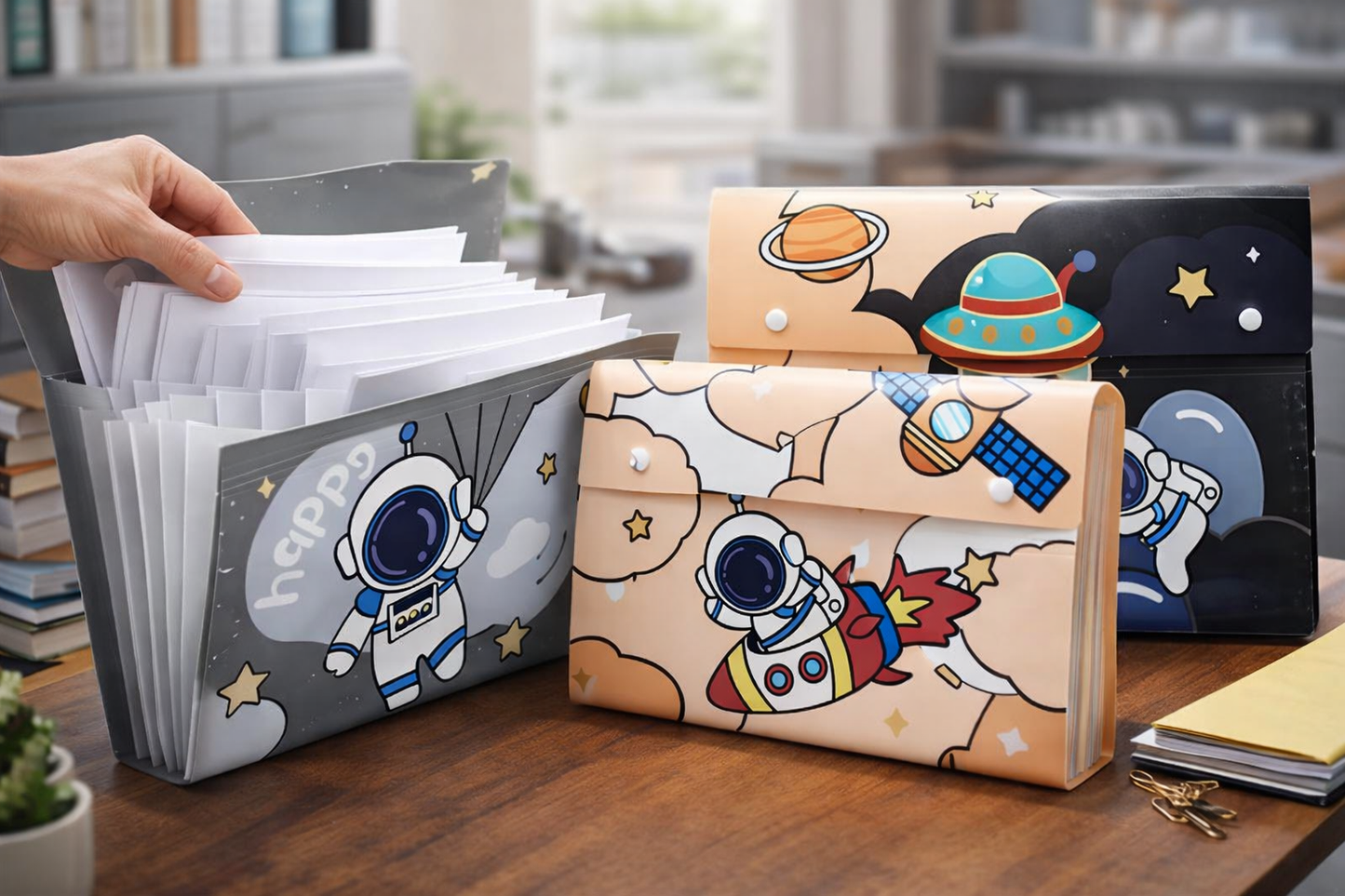 Space-Themed A4 File Folder with Button Lock & Handle