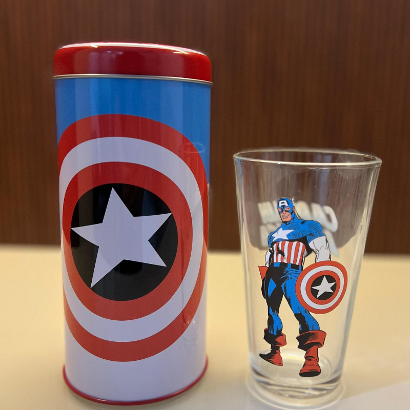 SuperHero Metal Piggy Bank Tin with 300ml Long glass Set