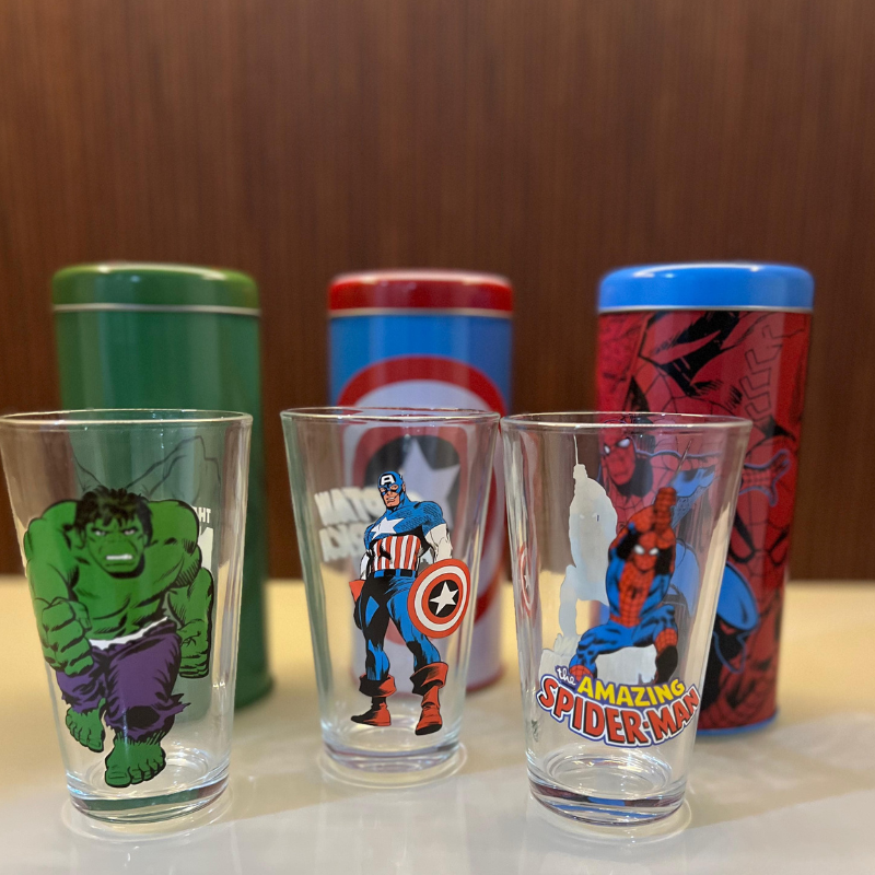 SuperHero Metal Piggy Bank Tin with 300ml Long glass Set