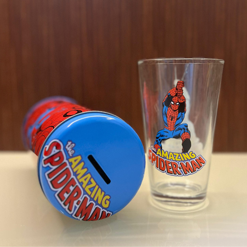 SuperHero Metal Piggy Bank Tin with 300ml Long glass Set