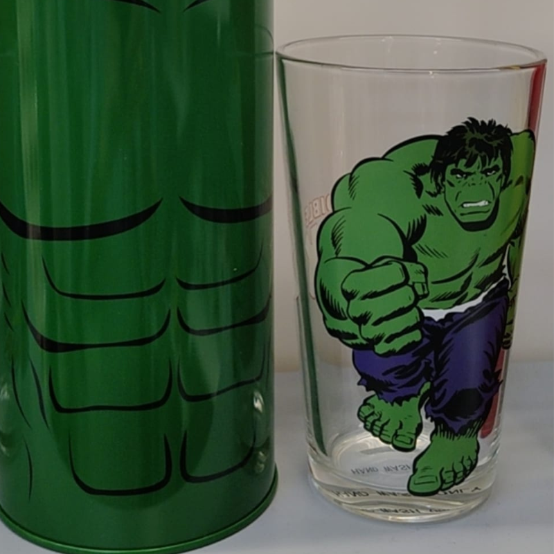 SuperHero Metal Piggy Bank Tin with 300ml Long glass Set